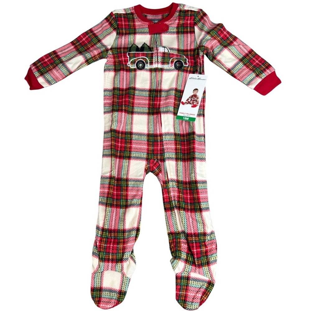 Eddie Bauer Footed Sleeper Kids 18M Family Pajamas Red Plaid Truck NEW